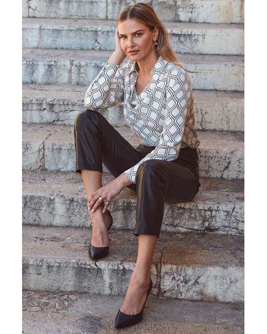 Sosandar Gray Ivory Geometric Print Satin Cowl Neck Top
