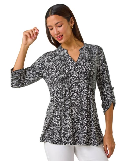 Roman Gray Animal Print Pintuck Shirt