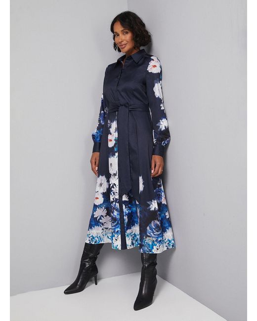 Wallis Blue Floral Tie Back Midi Shirt Dress