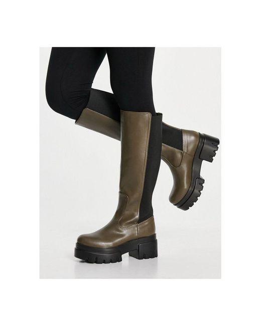 EGO Black Pulse Pull Up Knee Boots In Khaki