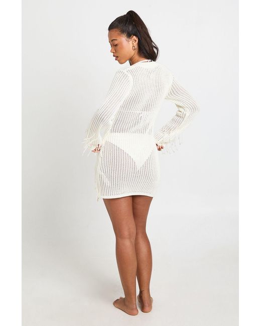 Boohoo White Crochet Knit Beaded Hem Mini Dress