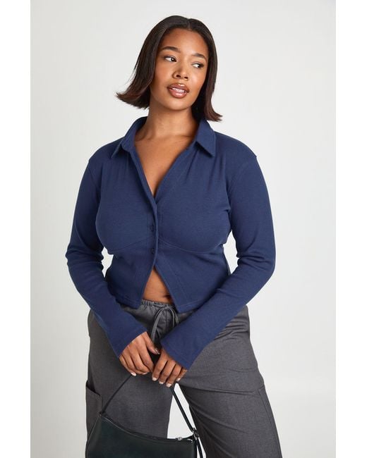 Boohoo Blue Plus Collared Button Through Top