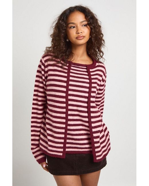 Boohoo Red Super Soft Stripe Knitted 2-In-1 Cami And Cardigan