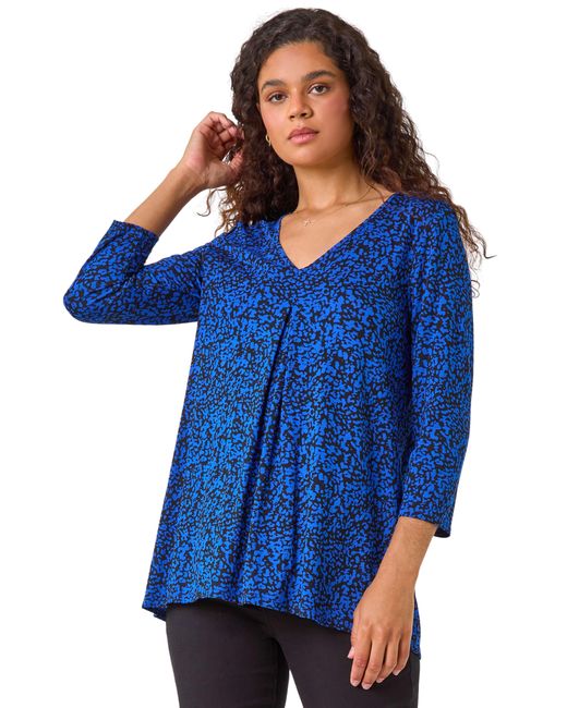 Roman Blue Abstract Print Pleat Front Tunic Top