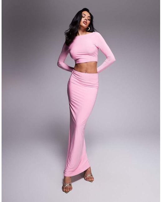 Kaiia Pink Exclusive Double Layered Slinky Column Maxi Skirt Co-Ord