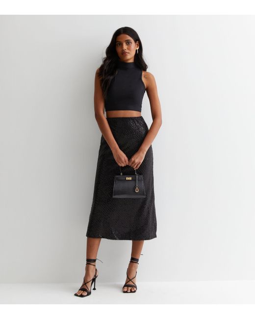 Gini London Black Sequin Bias Midi Skirt