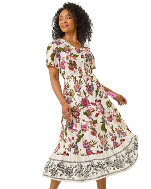 Roman White Petite Floral Dobby Print Midi Dress