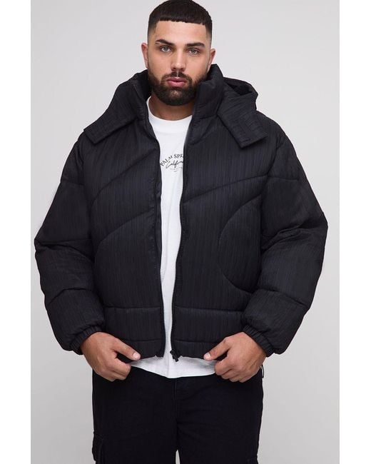 BoohooMAN Blue Plus Oversized Crinkle Funnel Neck Abstract Quilted Puffer Jacket for men