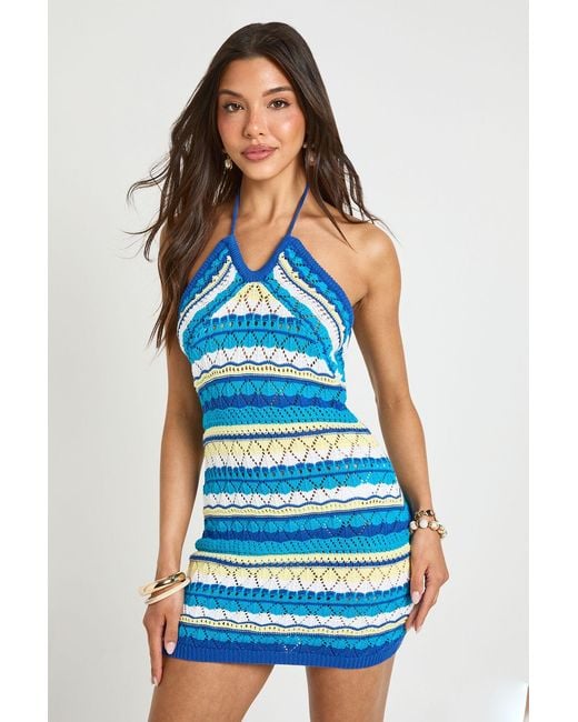 Boohoo Blue Crochet Knit Stripe Halter Mini Dress