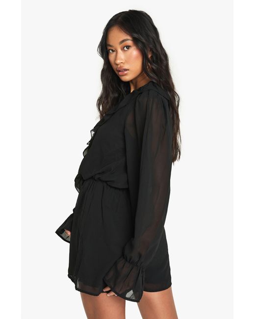 Boohoo Black Chiffon Long Sleeve Ruffle Romper