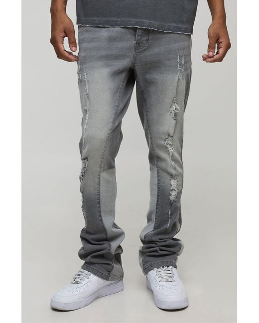 BoohooMAN Gray Skinny Flared Stacked Gusset Ripped Jeans for men