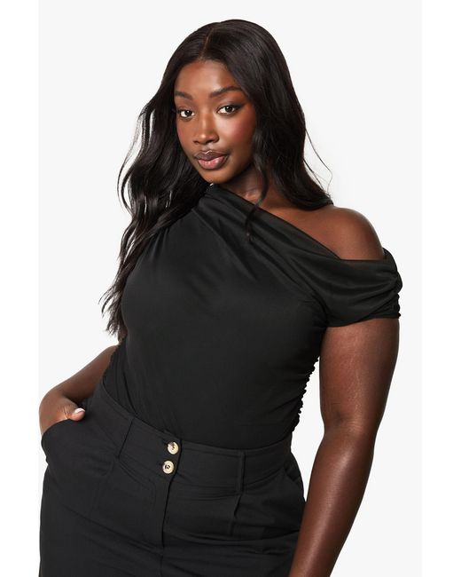 Boohoo Black Plus Mesh Overlay Ruched One Piece