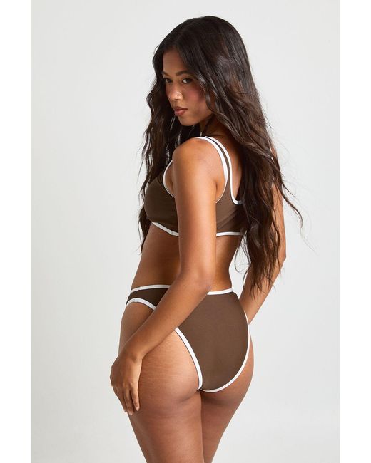 Boohoo Brown Contrast Detail Scoop Bikini Top & High Waist Bottom Set