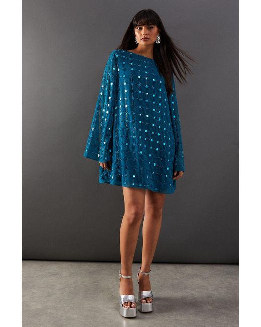 Warehouse Blue Premium Hand Embellished Grid Flared Sleeve Mini Dress