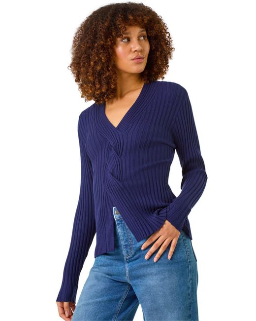 Roman Blue Cable Split Detail Rib Jumper