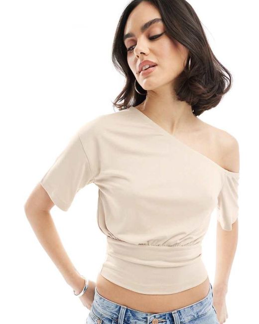 ASOS Natural Slouchy Off Shoulder Cinched Cupro Top