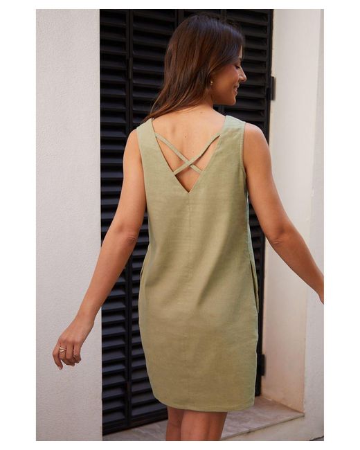 Threadbare Green Linen Blend 'Peggy' V Neck Shift Dress