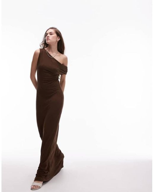 TOPSHOP Brown Jersey Off The Shoulder Slinky Maxi Dress