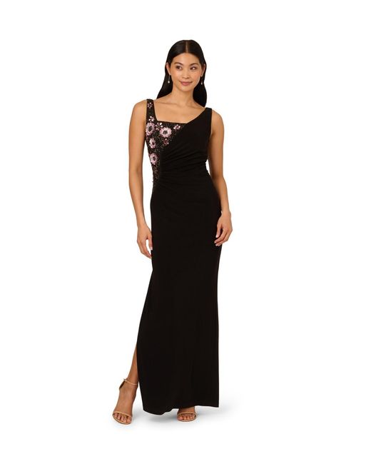 Adrianna Papell Black Bead Jersey Long Dress