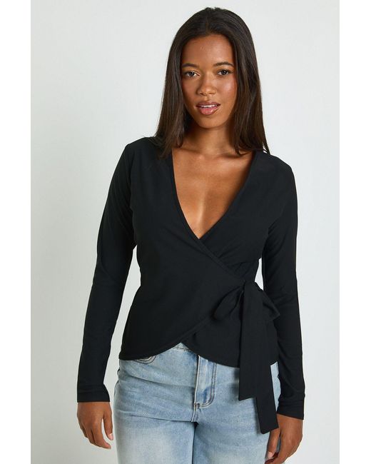 Boohoo Black Wrap Front Tie Waist Top