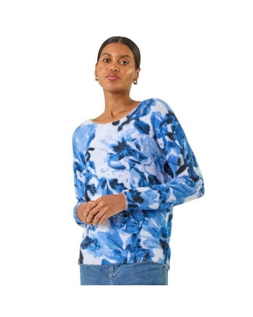 Roman Blue Fluffy Floral Print Knit Jumper