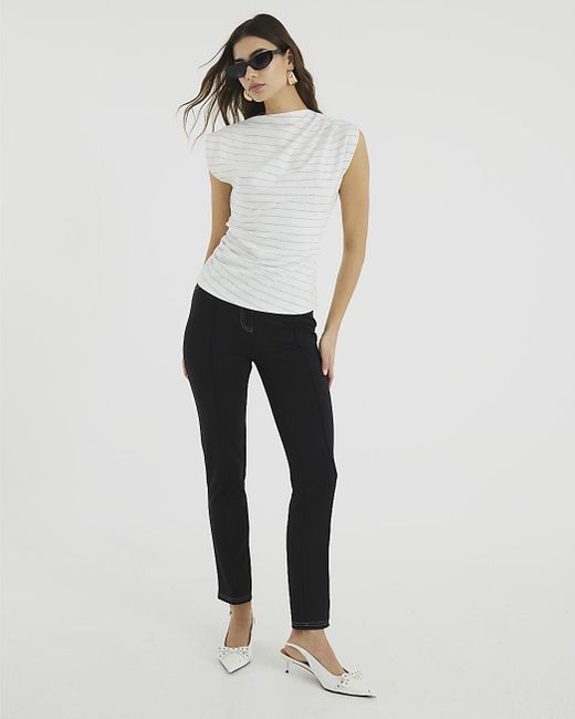 River Island White Top Short Sleeve Draped High Neck