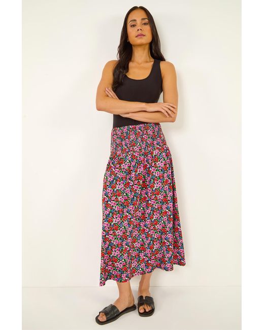 Roman Petite Floral Print Shirred Midi Skirt