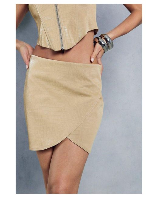 MissPap Natural Croc Leather Look Wrap Detail Mini Skirt