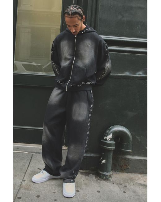 BoohooMAN Black Oversized Boxy Zip Through Rhinestone Washed Hoodie And Baggy Jogger Tracksuit for men