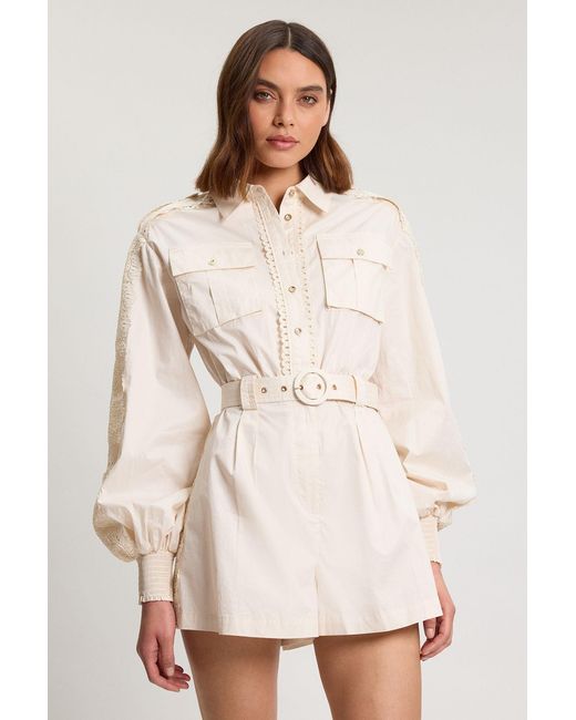 Karen Millen Natural Cotton Sateen With Lace Trim Pocket Detail Playsuit