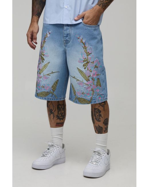 BoohooMAN Blue Baggy Rigid Floral Embroidered Denim Shorts for men