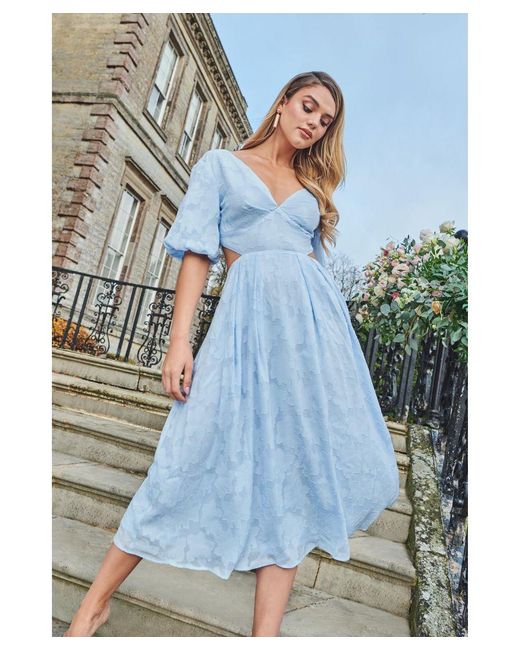 Quiz Blue Jacquard Puff Sleeve Midi Dress
