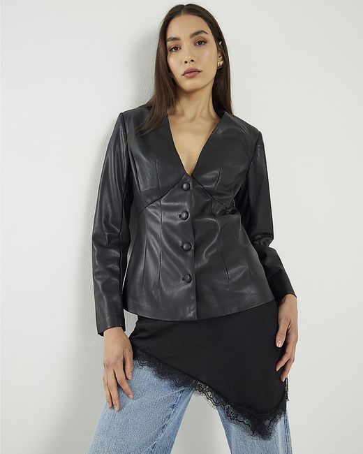River Island Black Top Faux Leather Fitted V-Neck