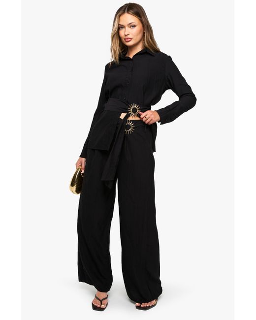 Boohoo Black Crinkle Crepe Trim Wide Leg Trouser