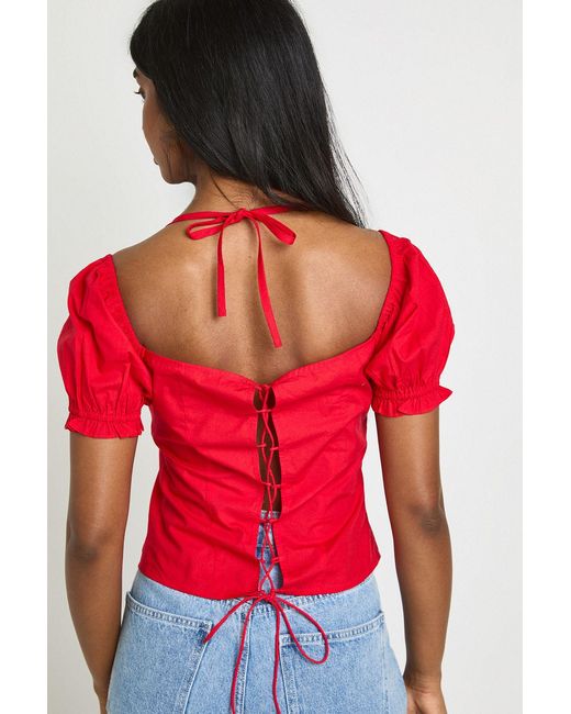 Boohoo Red Poplin Halterneck Milkmaid Top