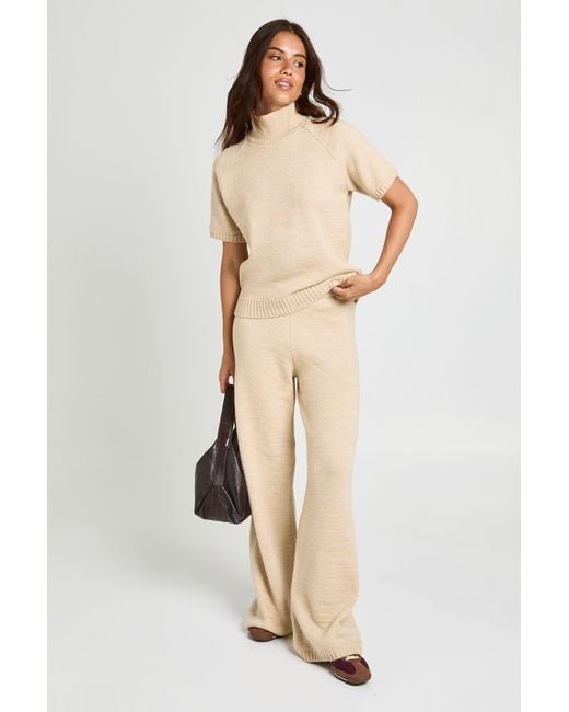 Boohoo Natural High Neck Knitted Top And Wide Leg Trouser Co-Ord