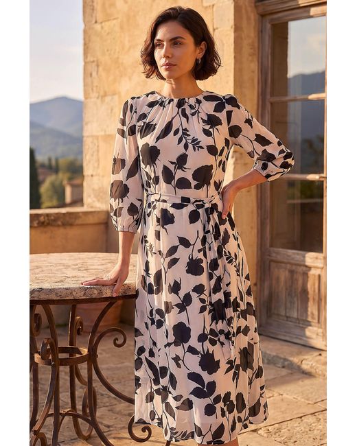 Roman Brown Floral Pleated Midi Dress
