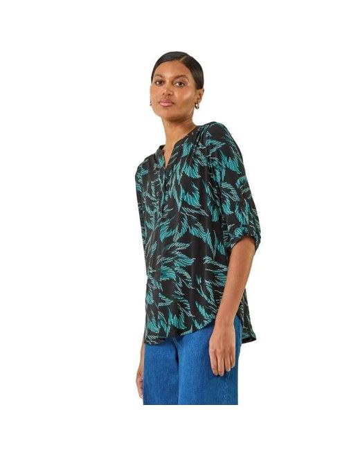 Roman Green Leaf Puff Print Button Front 3/4 Sleevetop