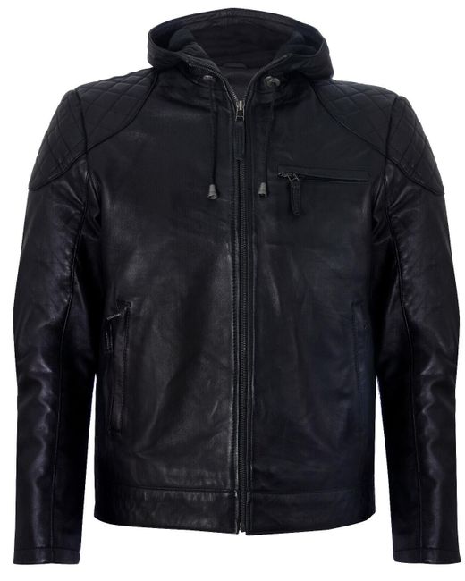 Infinity Leather Blue Zipped Hooded Bomber Biker Jacket for men