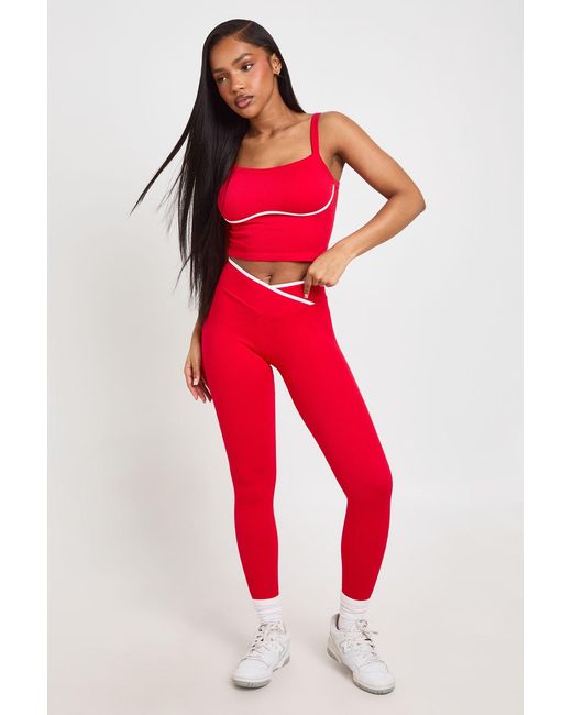 Boohoo Red Contour Ribbed Seamless Contrast Bum Scrunch Wrap Active Leggings