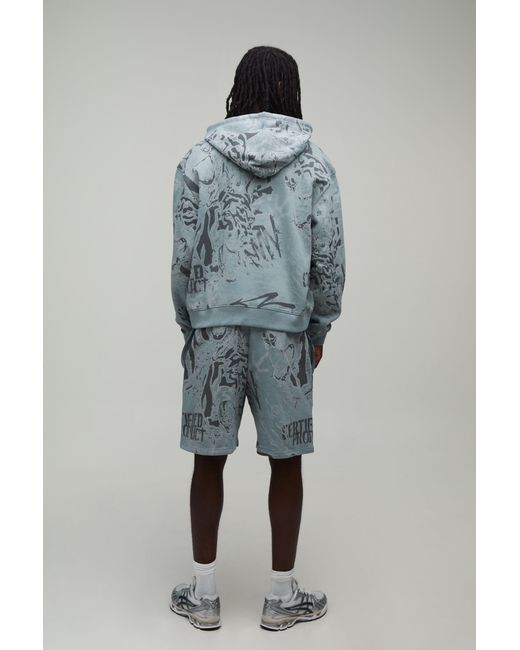 BoohooMAN Blue Graffiti Oversized Boxy Zip Through Hooded Jort Tracksuit for men