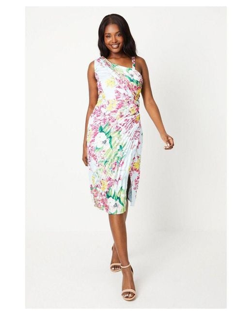 Coast White Printed Satin Asymmetric Pleated Dress