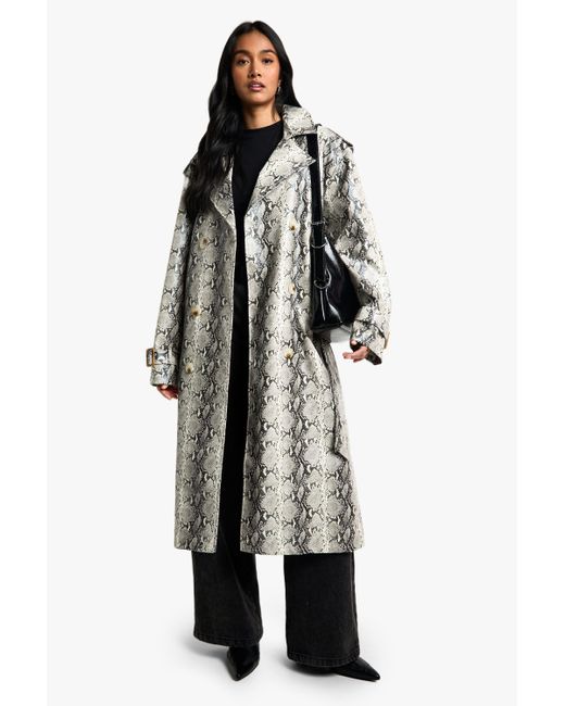 Boohoo Gray Snake Print Faux Leather Maxi Trench Coat