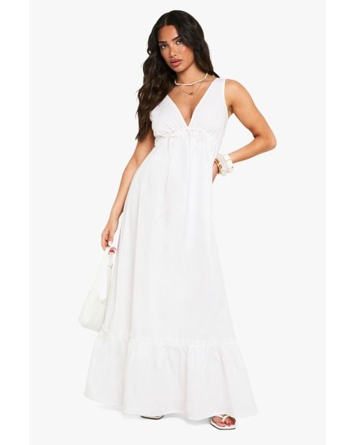 Boohoo White Petite Cotton Poplin Ruched Tiered Maxi Dress