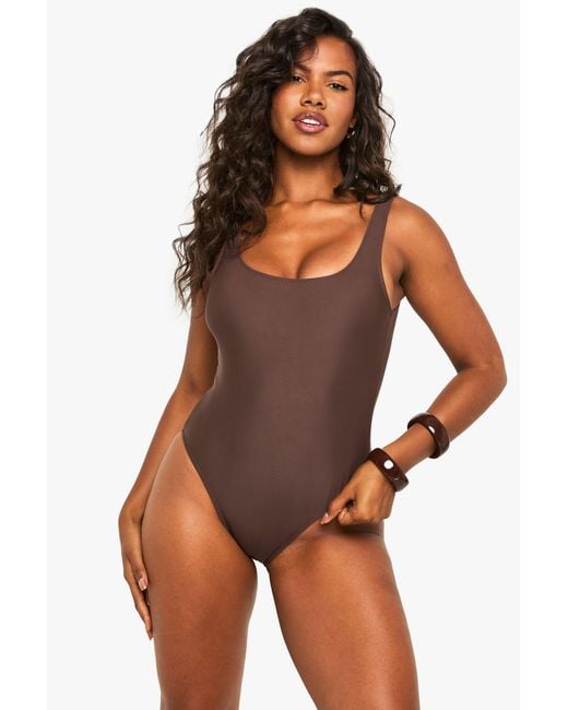 Boohoo Brown Petite Swimwear Essentials Square Neck Swimsuit