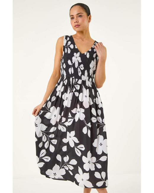 Roman White Petite Floral Print Shirred Midi Dress