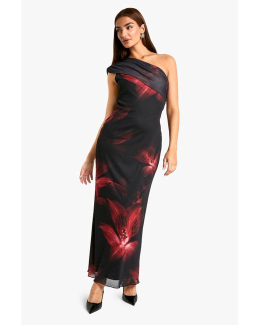 Boohoo Red Fold Over One Shoulder Floral Mesh Maxi Dress