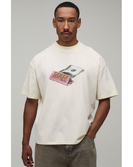 BoohooMAN Natural Oversized Boxy Dollar Print T-Shirt Cotton for men