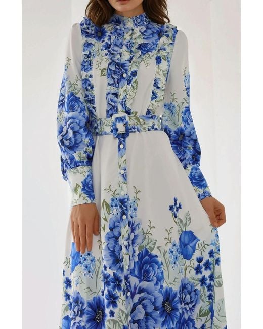 Hiccup Blue Printed Long Sleeve Maxi Dress With Belt