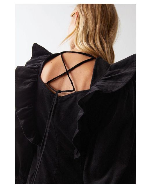 Warehouse Black Cord Ruffle Long Sleeve Smock Dress